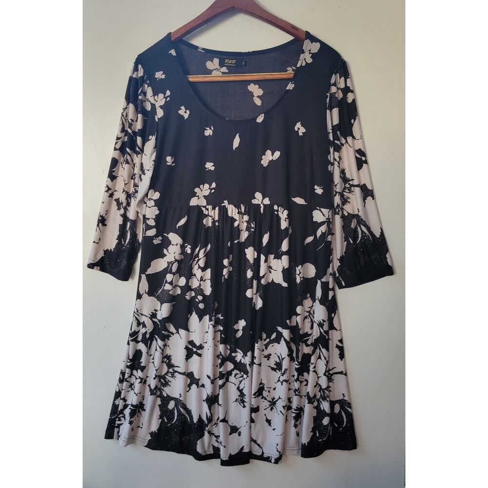 R&B Collection Women's Dress Empire Waist‎ Tunic Floral Black White SZ XL